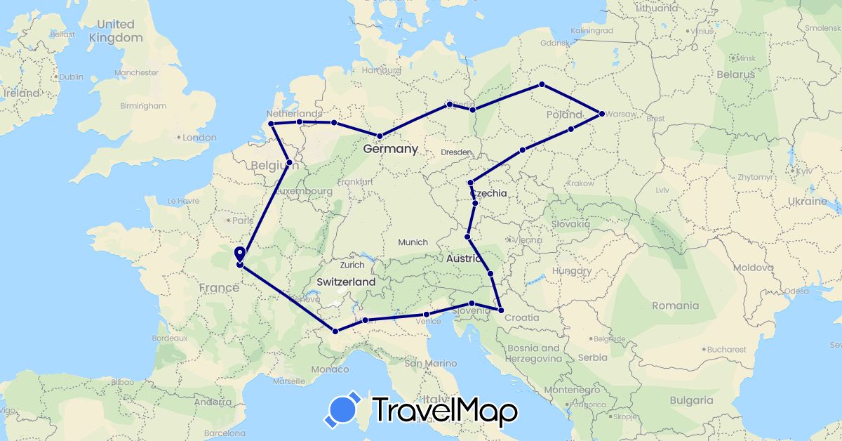 TravelMap itinerary: driving in Austria, Belgium, Czech Republic, Germany, France, Croatia, Italy, Netherlands, Poland, Slovenia (Europe)
